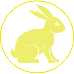 A yellow rabbit sitting in front of a circle.